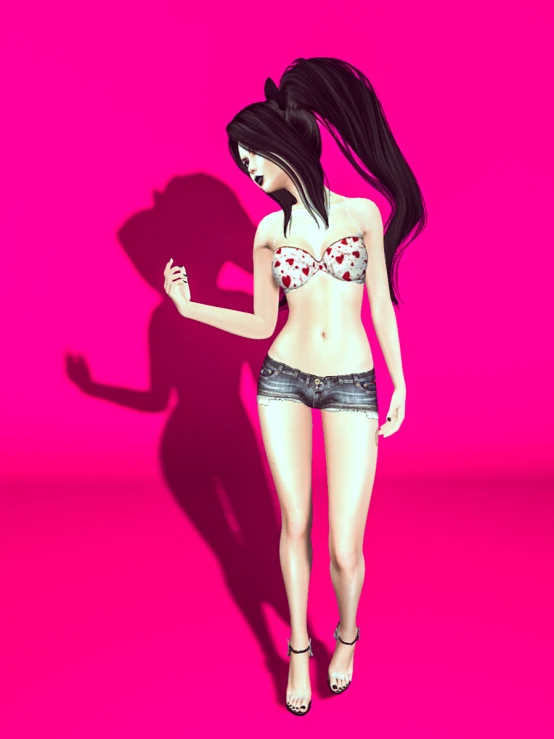 an animated woman in underwear standing in front of a pink background