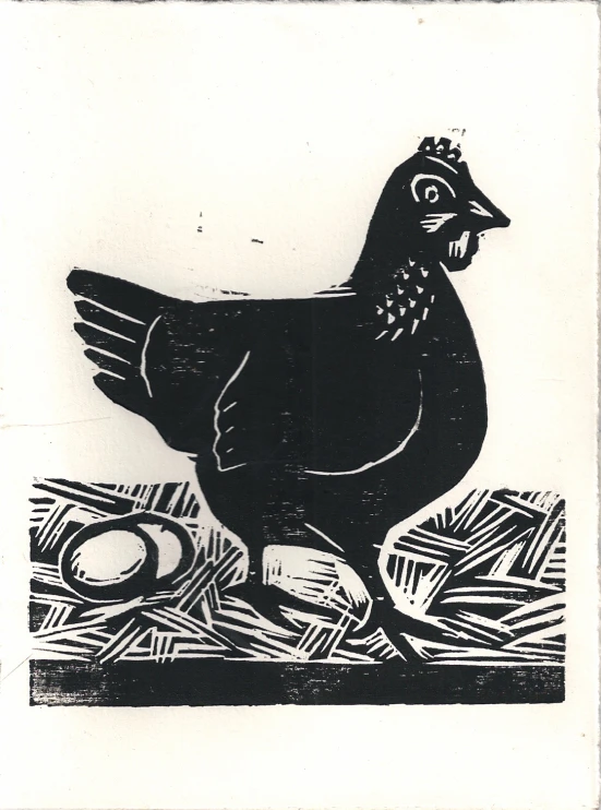 an illustration of a chicken standing on top of a wood block