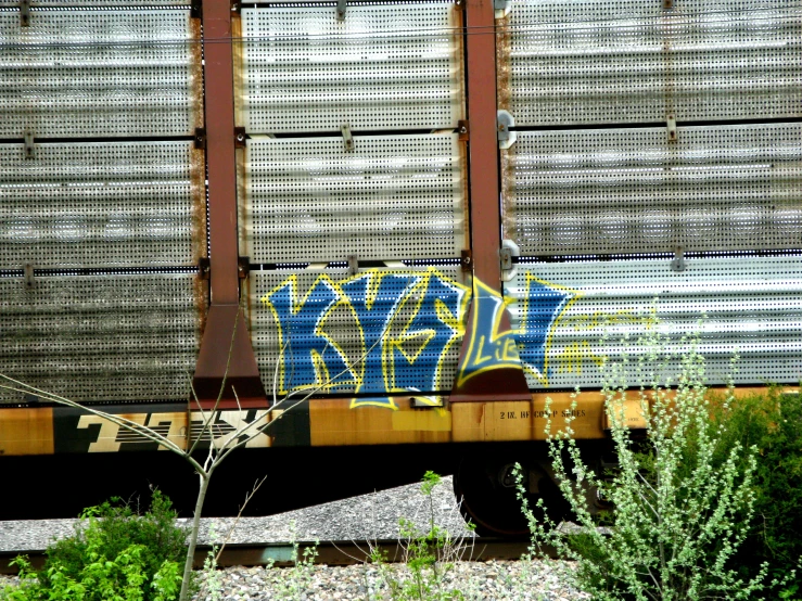 a train covered with graffiti sitting in the middle of a field
