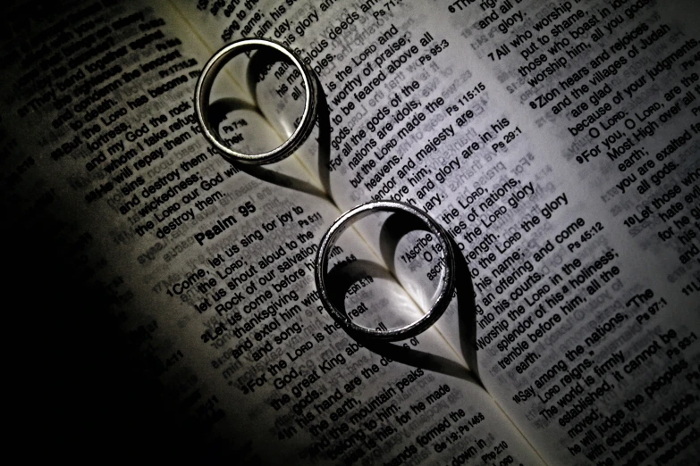 shadows on a book cast upon the edges of two rings