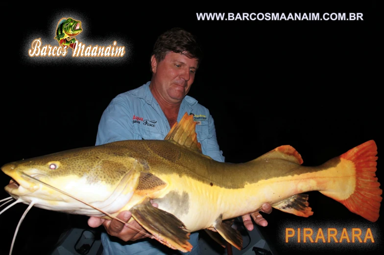 man holding up an enormous brown fish on the water