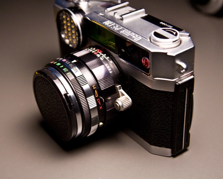 an old camera sits on a table top