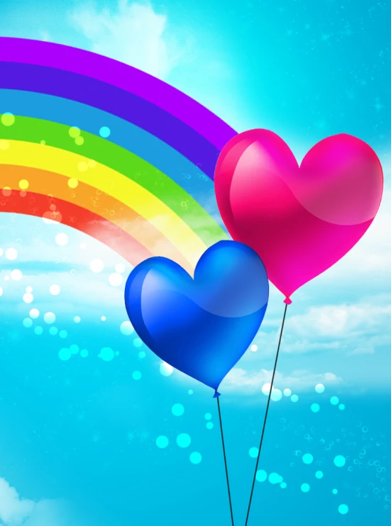 hearts floating in the air next to a rainbow