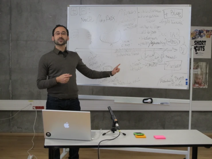 a man standing in front of a white board giving a lecture