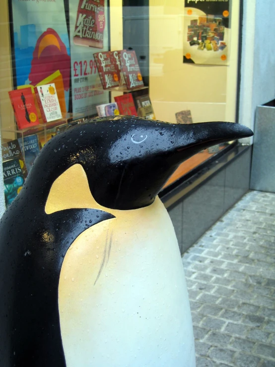 a penguin that is standing in front of a building