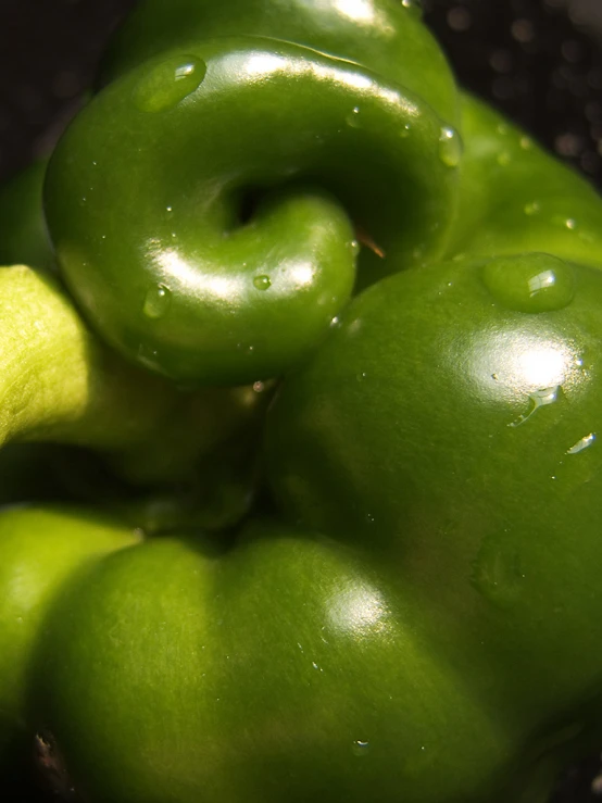 a bunch of green peppers with water droplets