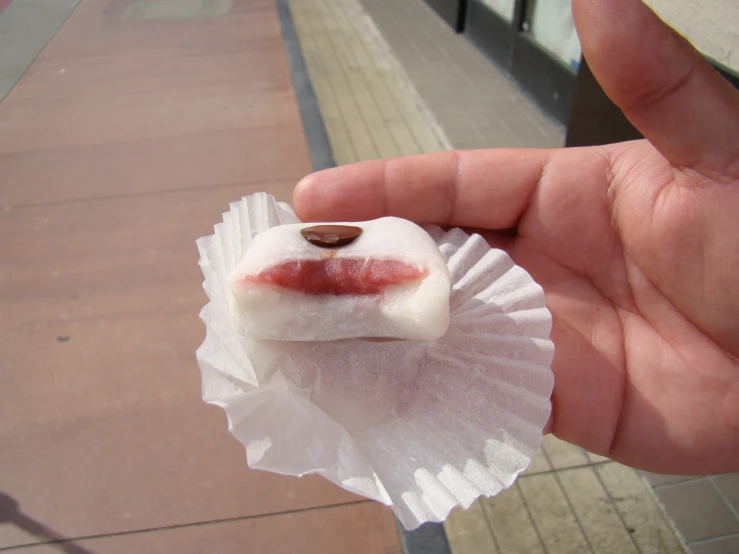 a hand holding up a small white food