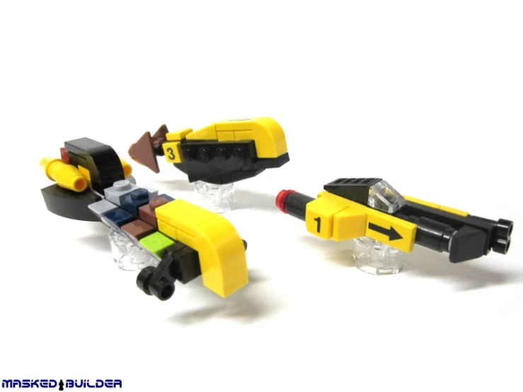 some lego toys are arranged as guns and shooting glasses