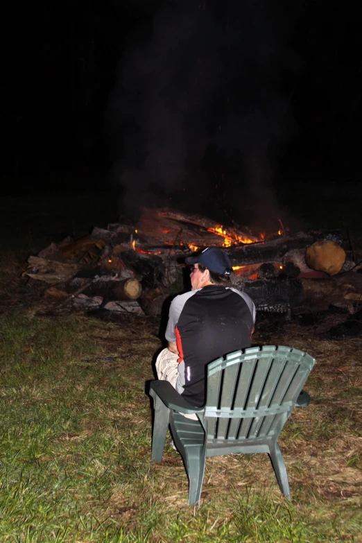 man in sitting on park bench watching a fire