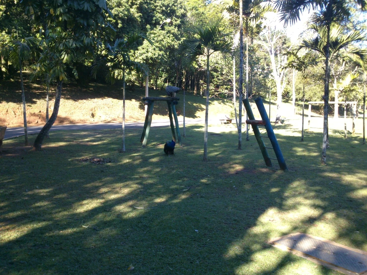 a swing set with two pieces of wood in front of trees