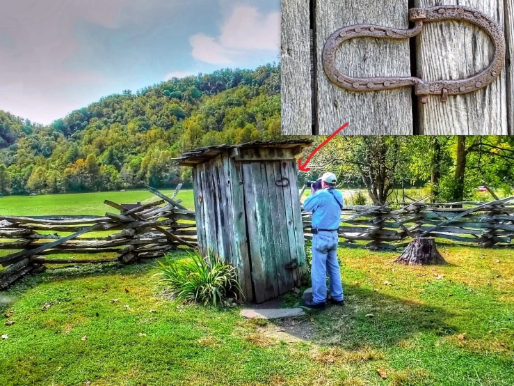 a man standing in front of a shack next to a barn and a split picture