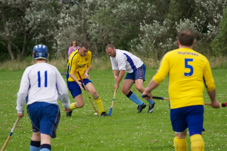 several men play a game of stick hockey on a green field