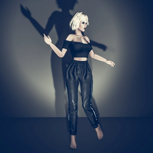 3d rendering of a woman wearing black pants and a top