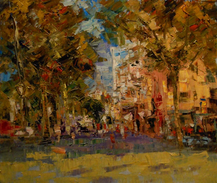 an abstract painting with a city street next to it