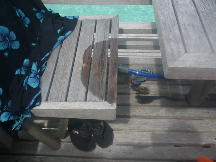 a couple of benches sitting next to a pool