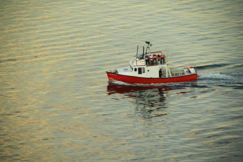 a fishing boat moves along the water's edge