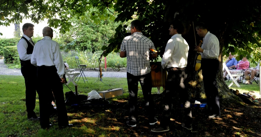 a band stands together under a tree playing some music