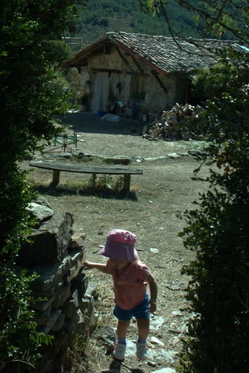 a child standing on top of rocks near a field