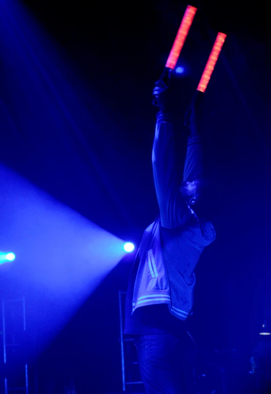 a man holding two lights on his head