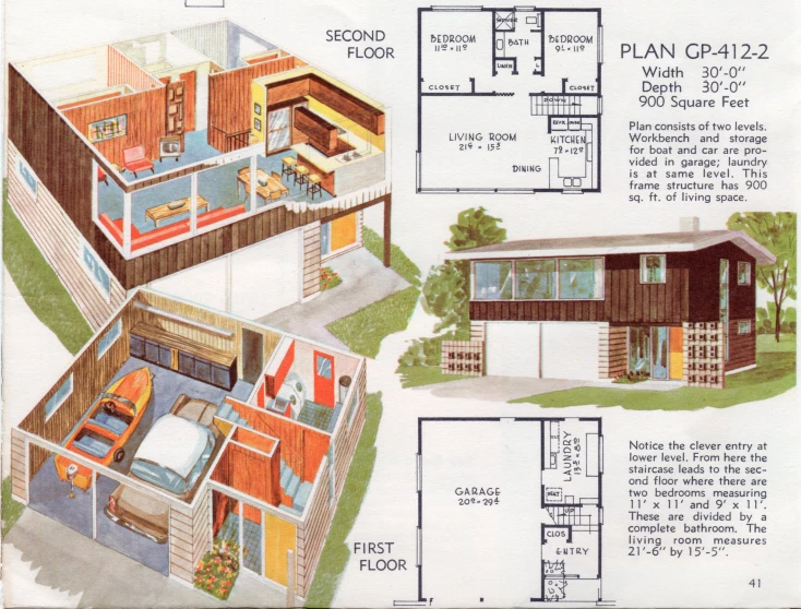 an architectural drawing shows a floor plan and an illustration of a house