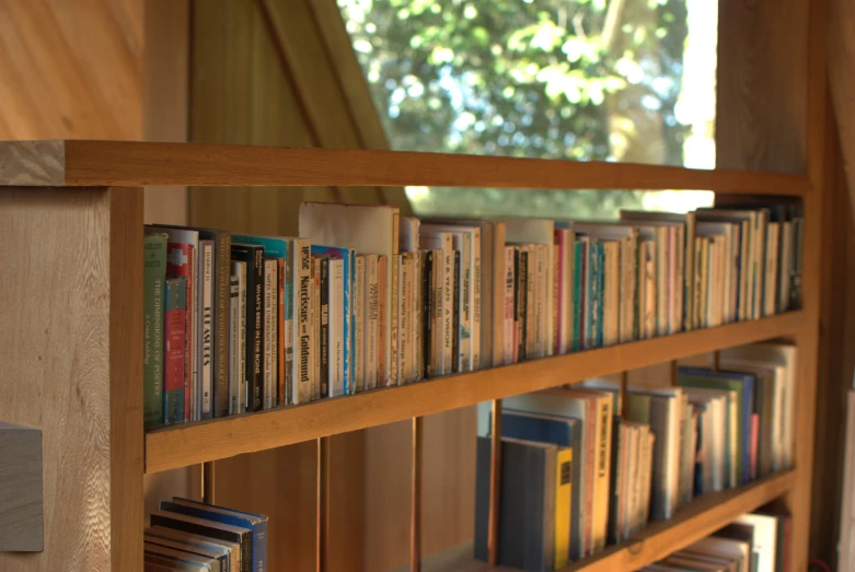 a bookshelf is full of books outside a window