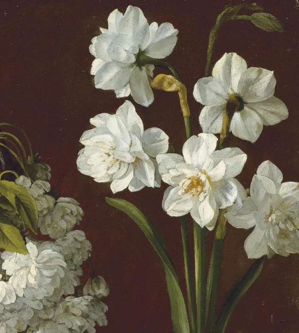 a white painting with flowers in a glass vase