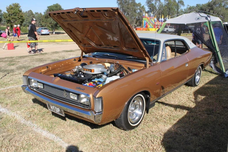 a brown car with its hood open sitting in the grass