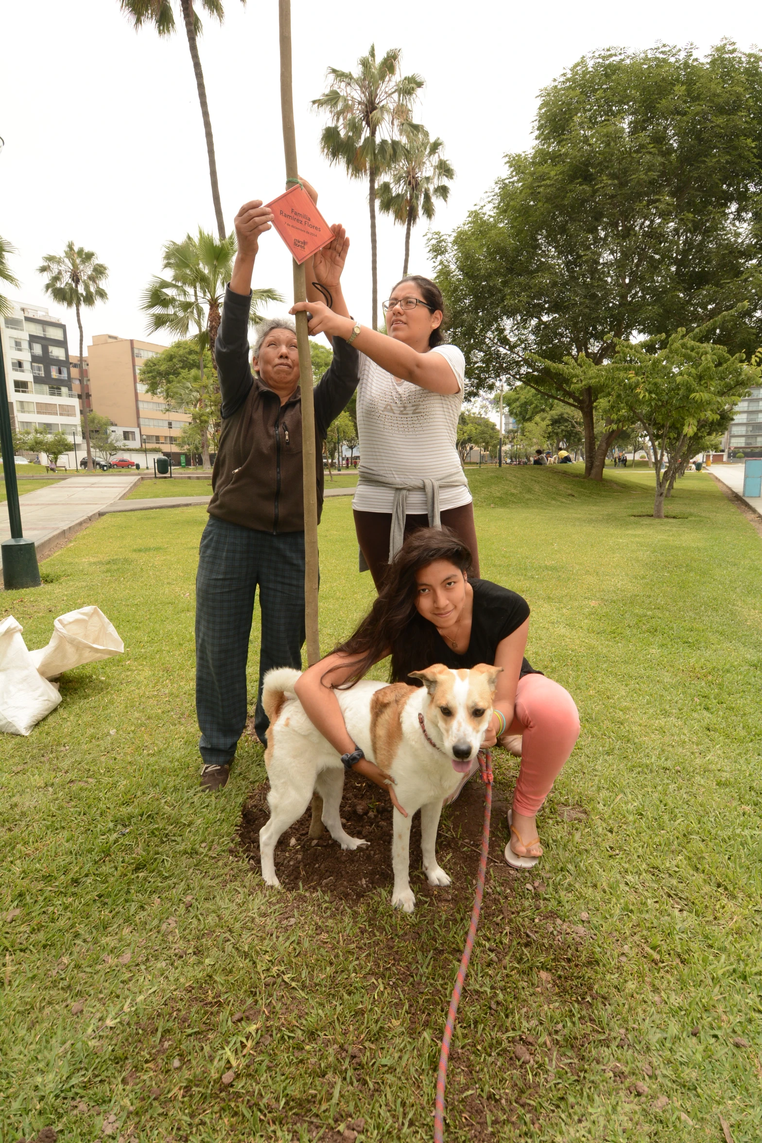 some people in the grass one holding a dog