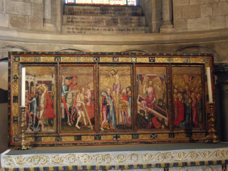 an antique painting is featured on the inside of a church