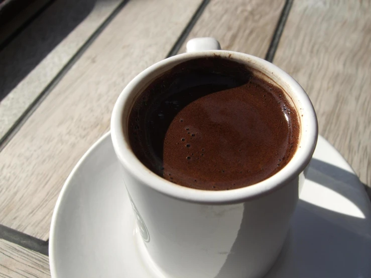 a cup of coffee sitting on top of a white saucer