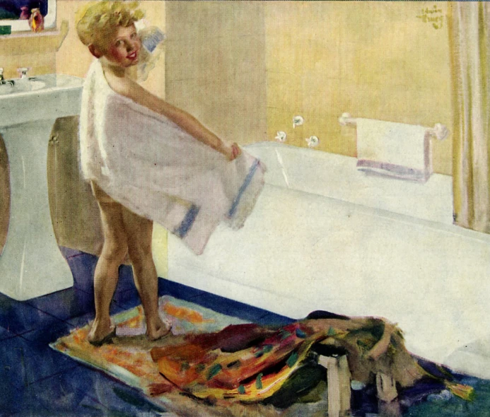 a woman is holding towels while standing in a bath room