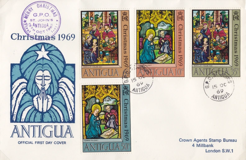 two postage covers with a blue and yellow design