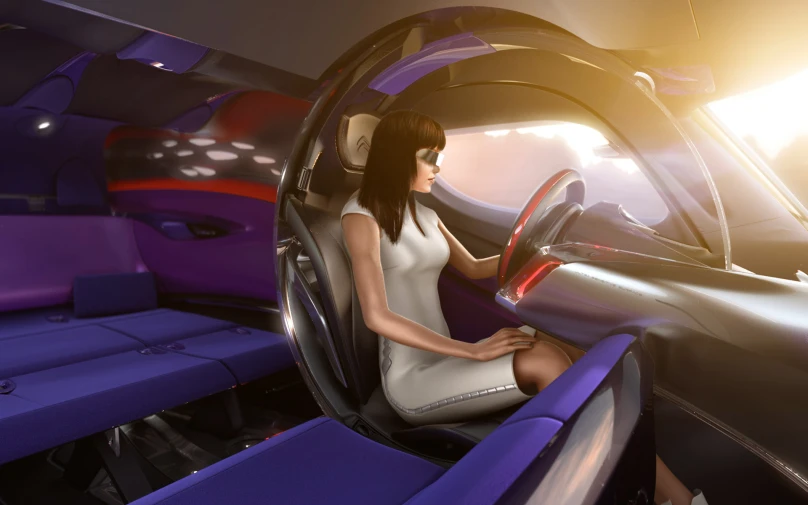 3d rendering of a woman in a futuristic car