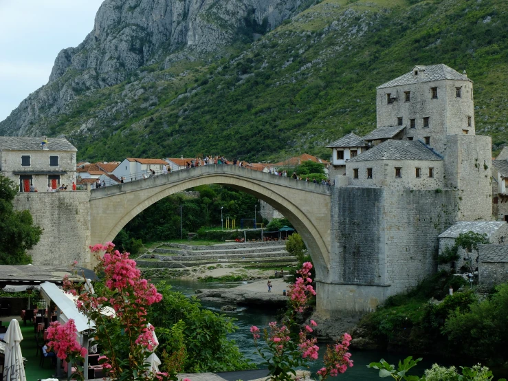 an old stone bridge and pink flowers near buildings