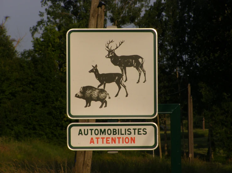 a white sign with black image of a deer and a baby deer in the background