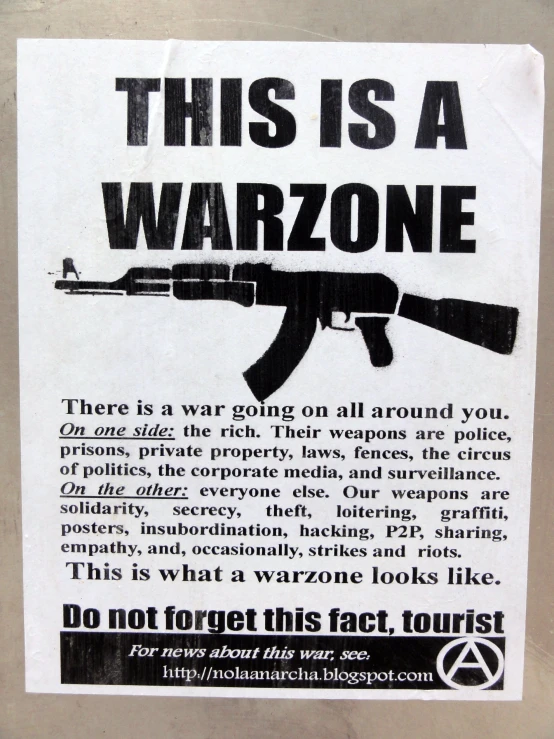 a sign with an advertit that says, this is a war zone