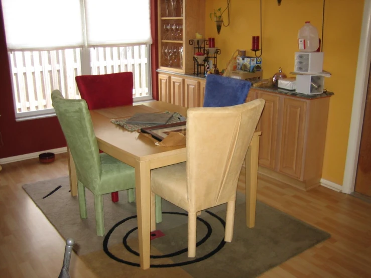 a dinning room table with chairs with yellow walls