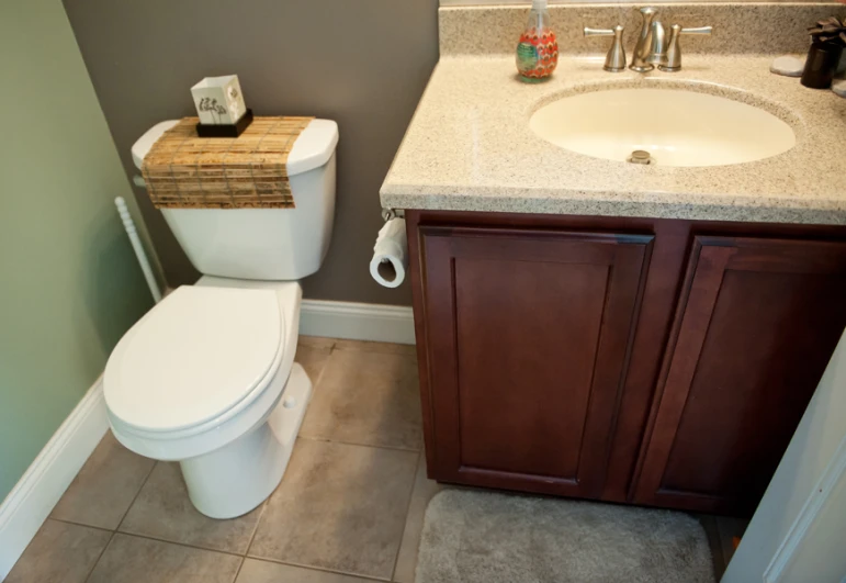 a bathroom has a white toilet and counter