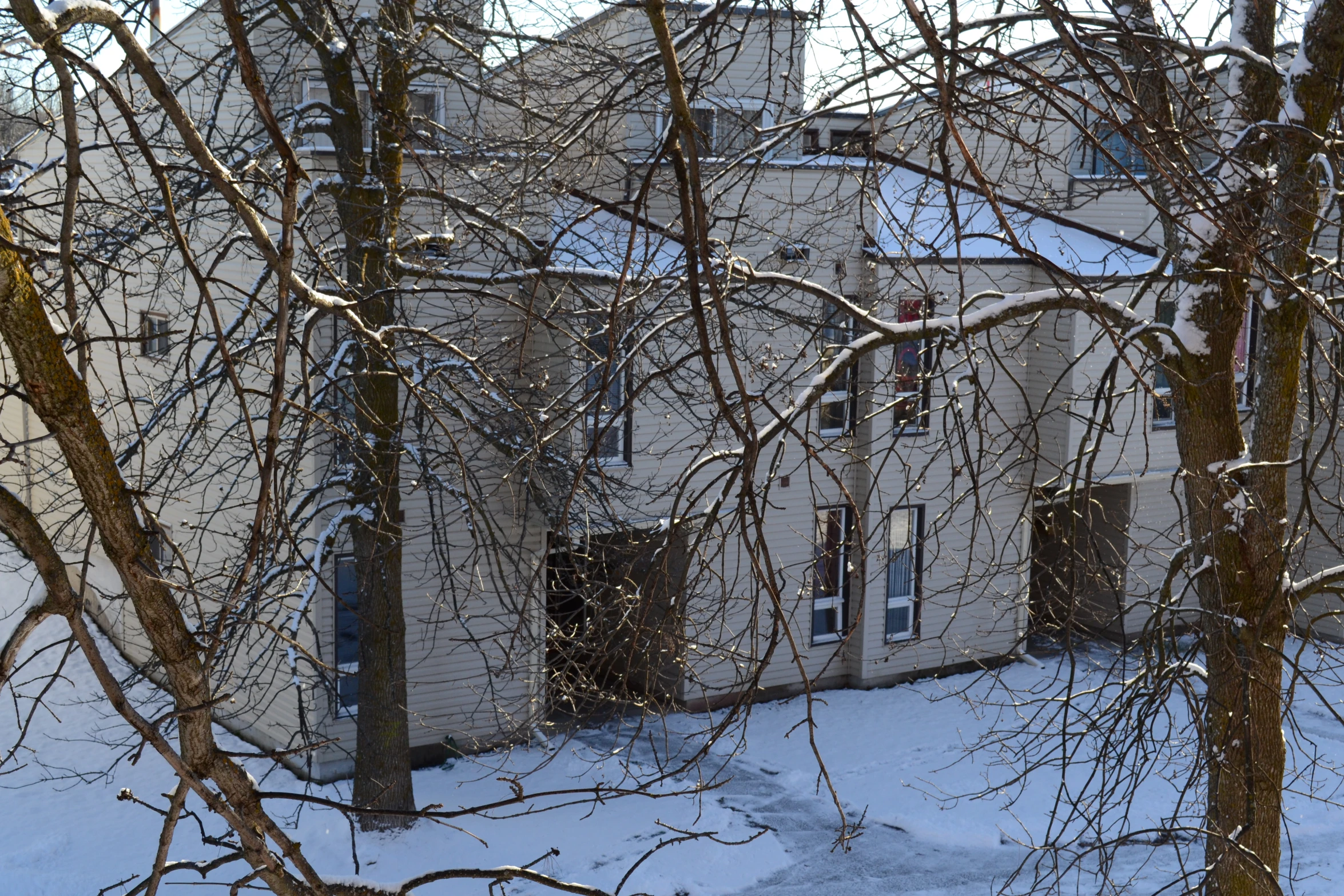 this large house is in the snow near some trees