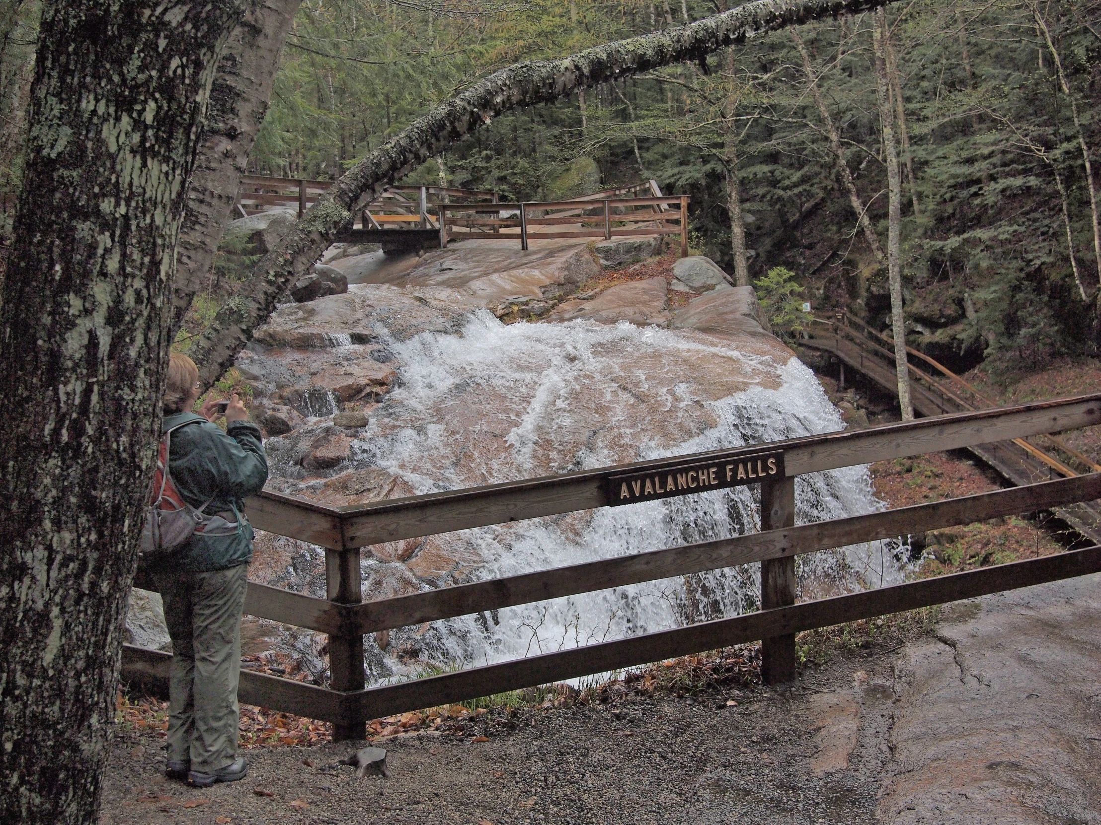 a man standing on a bridge overlooking a rushing river