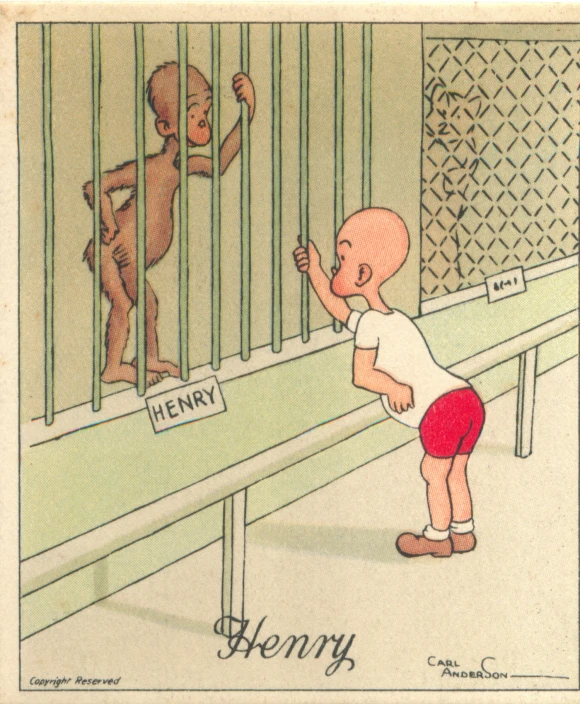 a drawing depicting the cartoon henry pointing to a monkey in a  cell