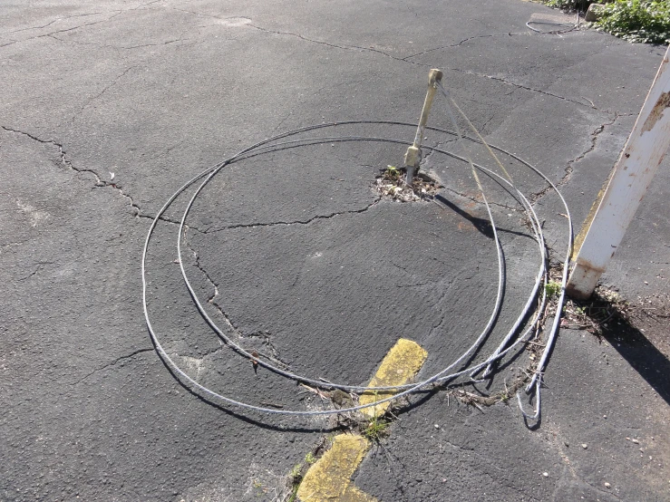 two wires are lying on the concrete next to a road