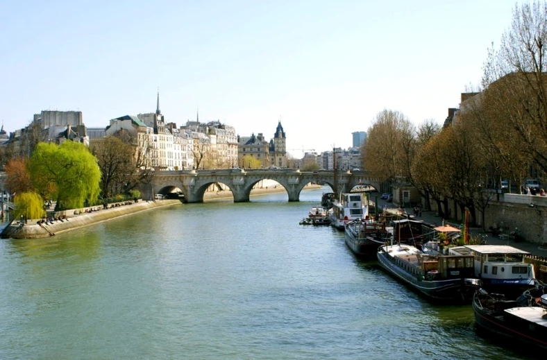 boats lined up along the water in front of a bridge