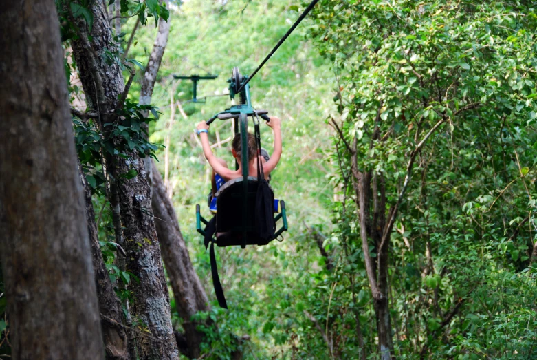 a person zips on a rope in the forest