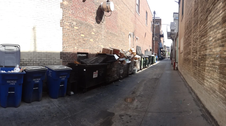 garbage cans lined up along a brick wall