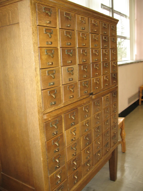 many drawers sitting on top of an open cabinet