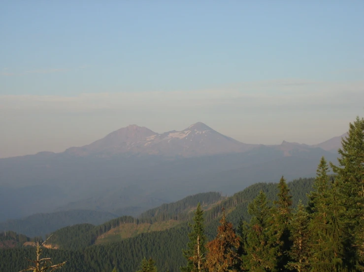 a very long hill with lots of trees and mountains