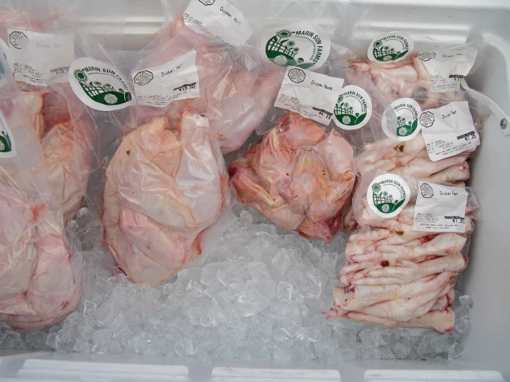 chicken and raw meats wrapped in plastic in freezer