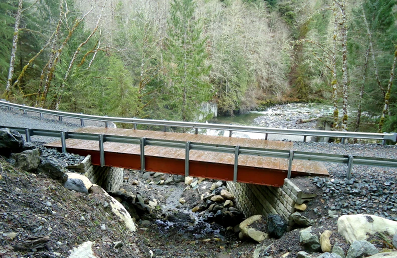 a bridge in the middle of the woods with a creek flowing under it