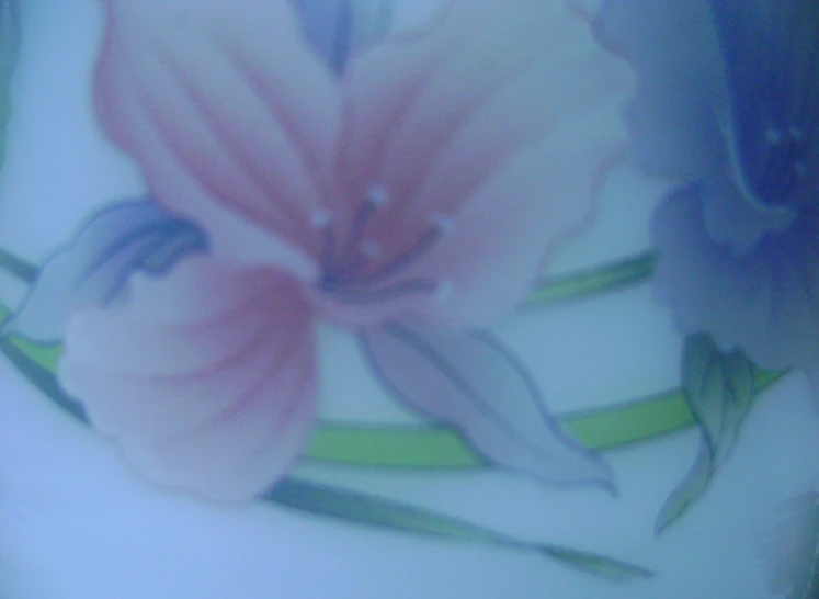 a pretty flower on the side of a blue and white vase